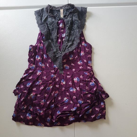 Free People Y2K Top Women 2 Purple Floral Lace Trim Boho Sleeveless Fairy Grunge - Picture 1 of 9